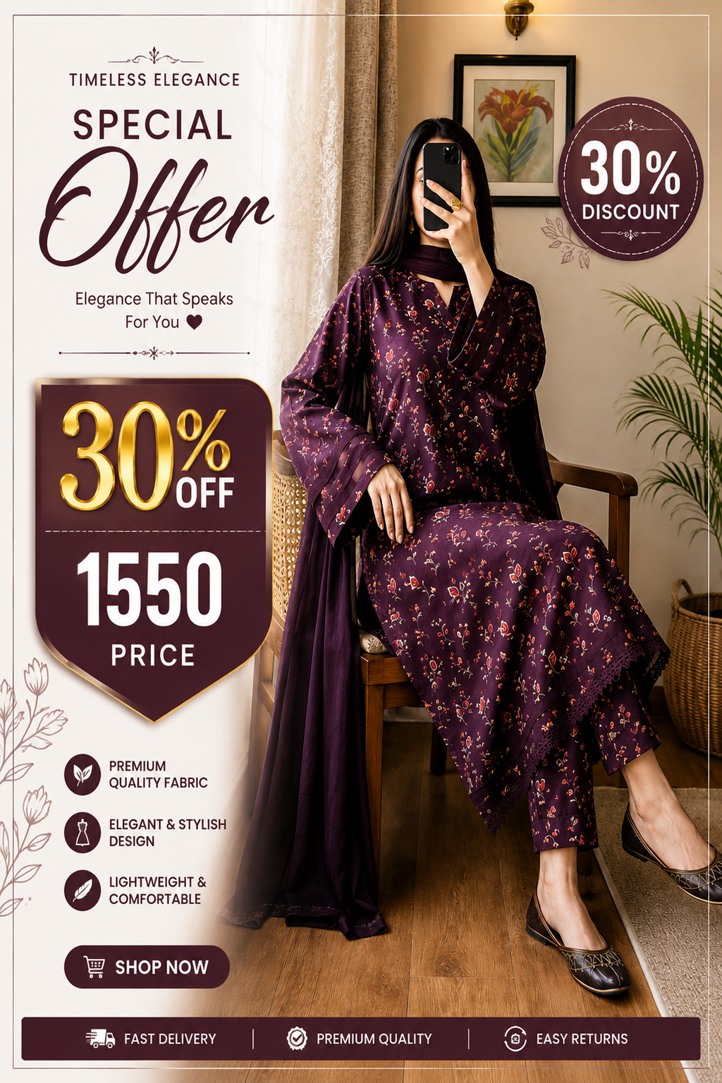 3-Piece Lawn Printed Dress